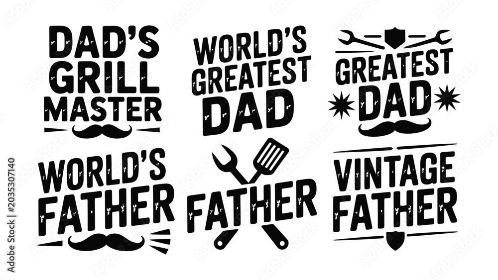 Obraz premium Black text phrases for fathers day on white background with grill tools and mustaches
