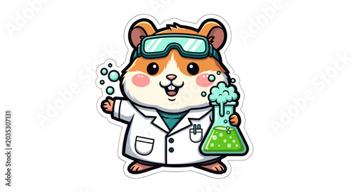 Cute hamster scientist wearing lab coat and goggles holding beaker.