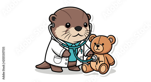 Cute Otter Doctor Examining Teddy Bear with Stethoscope.