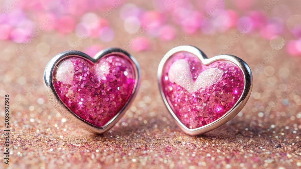 Obraz premium Sparkling Pink Heart-Shaped Ornaments Resting on Shimmering Surface