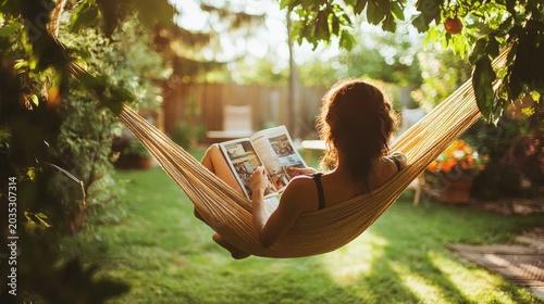 Woman relaxes in a hammock while reading a book in a sunlit garden.