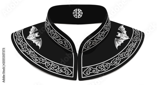 Ornate black collar with silver bat and cloud embroidery.