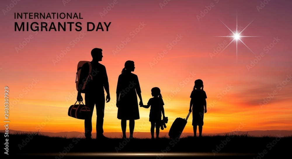 Fototapeta premium family of migrants silhouettes against sunset