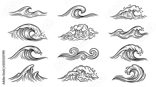 Dynamic collection of hand-drawn ocean waves in a classic sketch art style