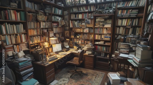 Cluttered home office space is filled with overflowing bookshelves and stacks of papers.