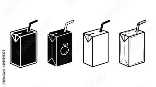 Set of four juice boxes with straws, in black and white