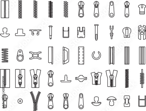 A collection of technical drawings showcases various zipper components, fasteners, and hardware in a clean, organized layout.