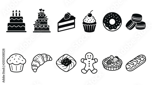 Fotografie Set of baked goods and cakes icons for food and bakery