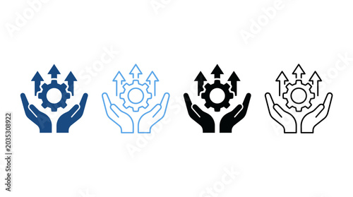 Photos Abstract icons of hand holding gear with upward arrows, symbolizing success
