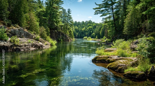 Golden light on a meandering river amid green trees under a blue sky