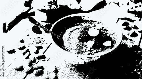 Overhead view of a bowl of oatmeal with fruit and nuts on a wooden table, black and white.