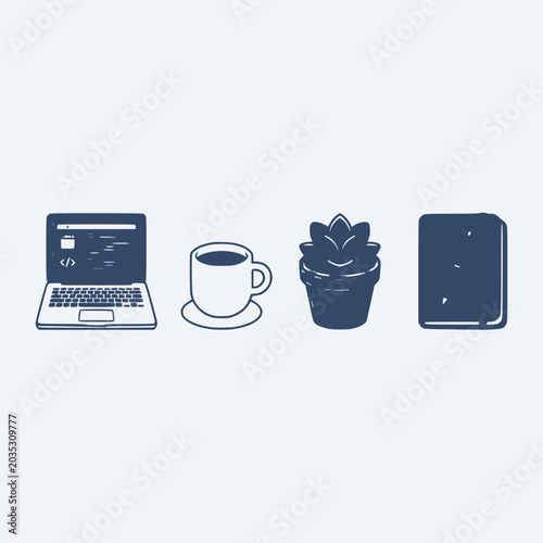 Laptop, Coffee, Plant, Book: Coding and Relaxation Icons