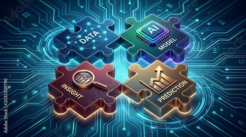 Digital Transformation: AI, Data, Insights, and Predictions Interconnected as Puzzle Pieces on Circuit Board