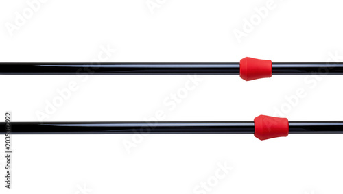 Foto Isolated close-up of two black glossy trekking pole sections with red protective