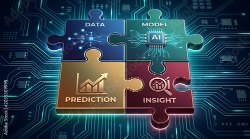 Puzzle pieces representing data, AI model, prediction, and insight come together on a digital circuit board, symbolizing data science and AI integration.