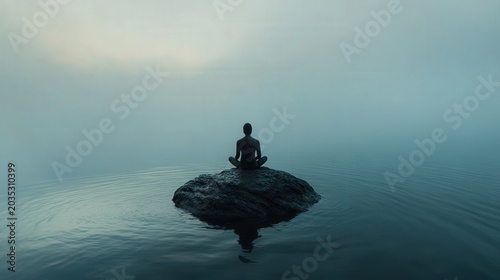Silhouette of a person meditating in a peaceful lotus position on a rock in the middle of a foggy lake.