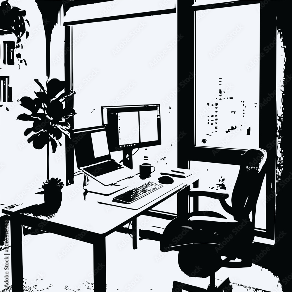 Fototapeta premium Modern Home Office Workspace with Dual Monitors and City View