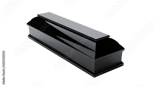 Canvas Print Isolated black glossy traditional coffin for funeral, burial, and mourning ritua