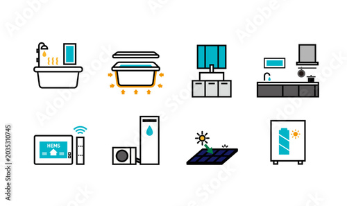 Tableau sur toile スマートハウスやGX志向型住宅、ZEHや省エネ住宅の設備と水回りのアイコンセット