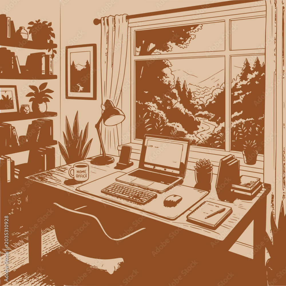 Fototapeta premium Cozy Home Office with Laptop and Nature View Window