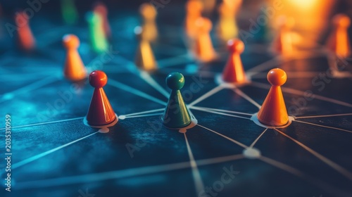 Colorful game pieces are arranged on a board connected by lines representing a network.