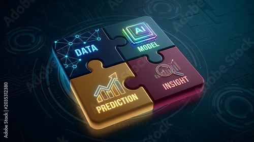 Four puzzle pieces representing AI, Data, Prediction, and Insight forming a cohesive strategy for business intelligence and future forecasting.