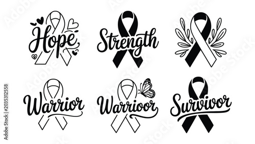 Foto Set of black ribbon icons with inspirational words for cancer awareness campaign