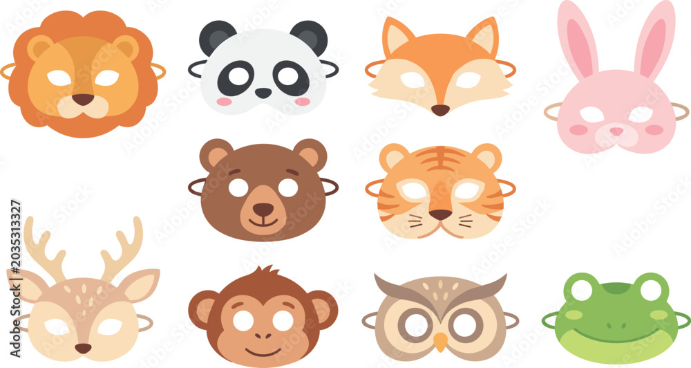 Obraz premium Cute Animal Face Masks Vector Set with Cartoon Style Characters for Children Party Costumes, Birthday Activities, and Creative Kindergarten School Crafts