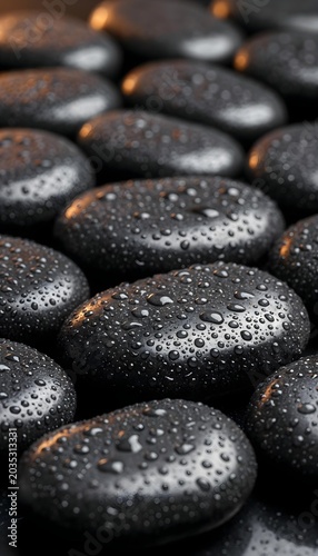 Vertical macro view of wet black spa stones covered in fresh water droplets with warm backlight reflections