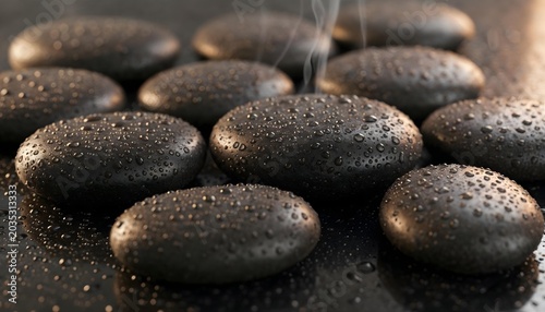 Horizontal macro photo of hot steaming black spa stones covered in water droplets with light smoke