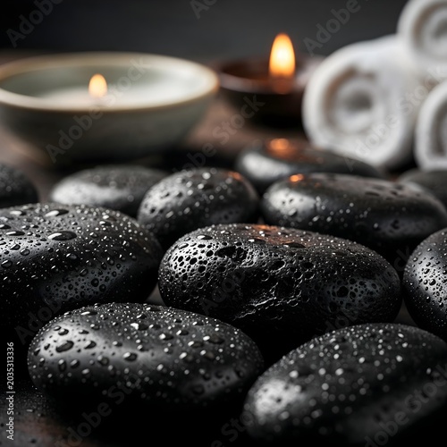 Square macro view of multiple wet black spa stones covered in fresh water droplets flat lay composition