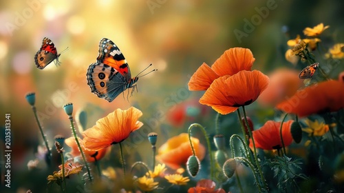 Painted lady butterflies flutter over bright orange poppies in a sunny summer meadow.