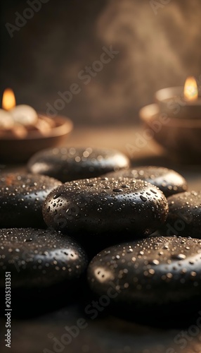 Vertical macro shot of wet black spa stones with water drops and burning candles on blurry background