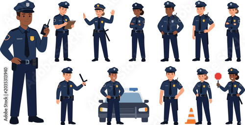 Obraz na plátně Set of Cartoon Police Officers in Uniform with Various Poses for Law Enforcement