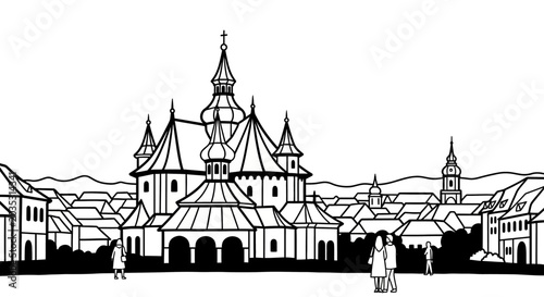 Historical Gothic Church Illustration with Detailed Architecture and Townsfolk.