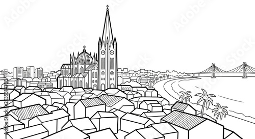 Detailed cityscape illustration with prominent cathedral and bridge.