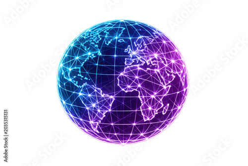Neon digital globe with blue and purple network lines, connected nodes and world map outlines, isolated PNG on transparent background for global technology, internet, data and communication