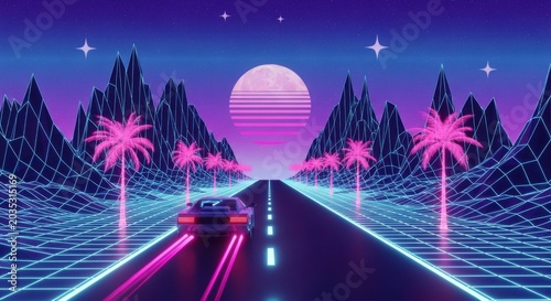 neon road, pink palm trees, sunset