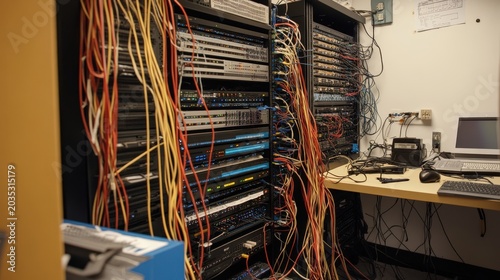 Server racks filled with networking equipment are connected by a tangled mess of colorful ethernet cables in a small office room.