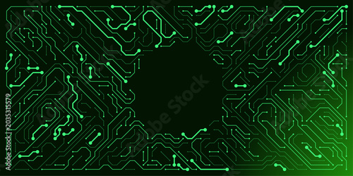 Abstract dark green glowing digital circuit board motherboard background for hardware engineering presentation and modern technology web design