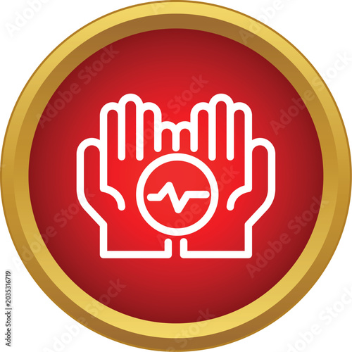 Hands supporting a pulsing heart rate symbol within a protective red circle