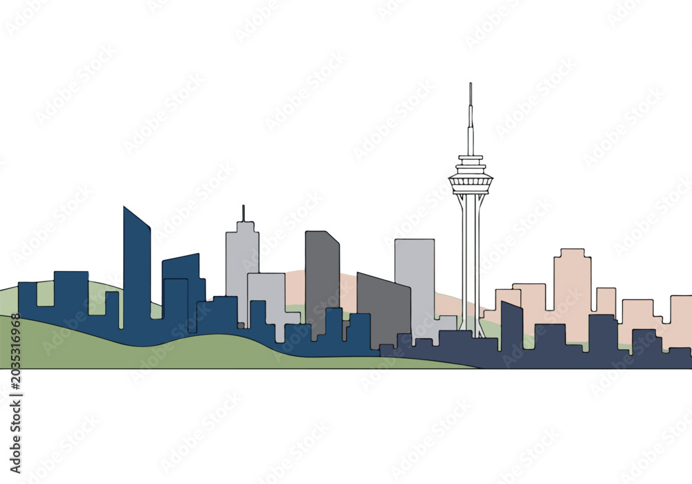 Obraz premium Modern city skyline with sleek skyscrapers and tower at sunset