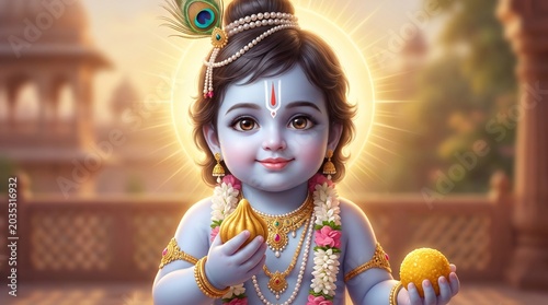 Cute Little Lord Krishna Bal Gopal Holding Modak and Laddu Sweets with Peacock Feather