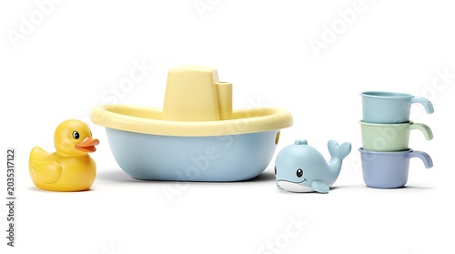 Colorful plastic baby bathtub toys and accessories arrangement