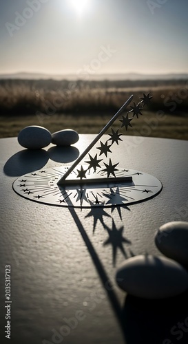 Sundial casting shadow in outdoor landscape.