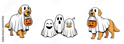 Cartoon dog dressed as ghost for Halloween with pumpkin bucket  