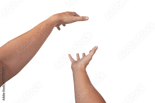 Male asian hand gestures isolated over the white background. Grab pose. First person view. Only Hand Close up.