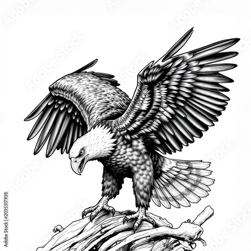 Drawing of an eagle. Ink drawing of an attacking bird of prey