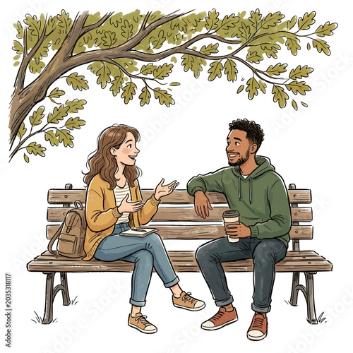 Young couple conversing on a park bench under a leafy oak tree during daytime