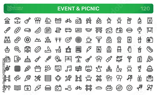 Event and Picnic icon set. Editable line icons. Professional and modern outline icon pack vector illustration highlighting family gatherings and outdoor celebration in a simple design.
